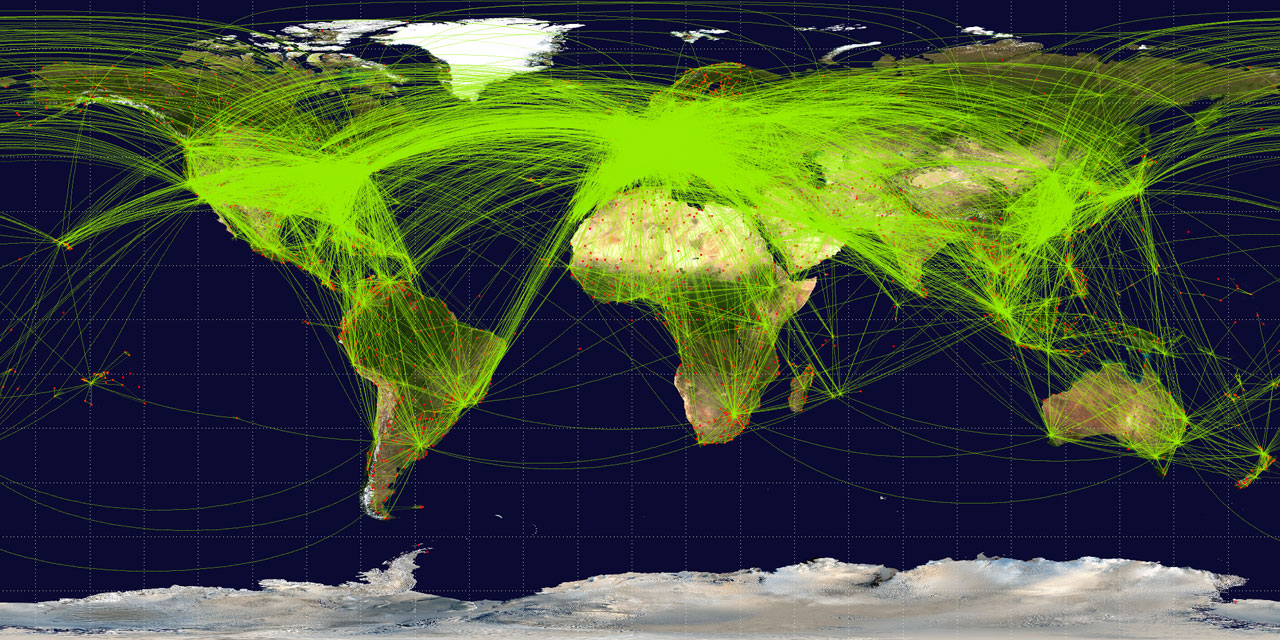 Scheduled airline traffic in 2009 - Map by Jpatokal