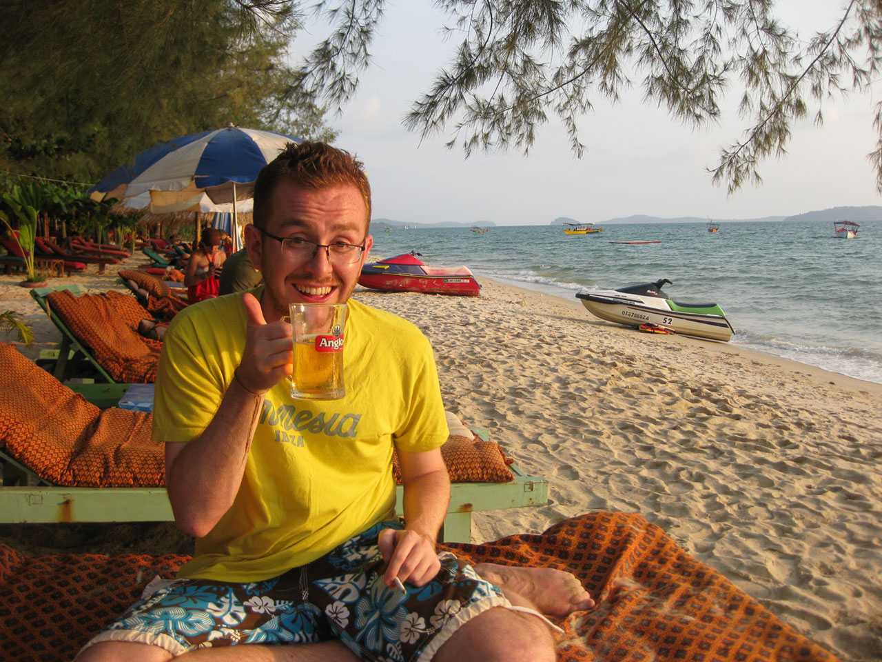 Enjoying a beer on Otres Beach, Sihanoukville, Cambodia