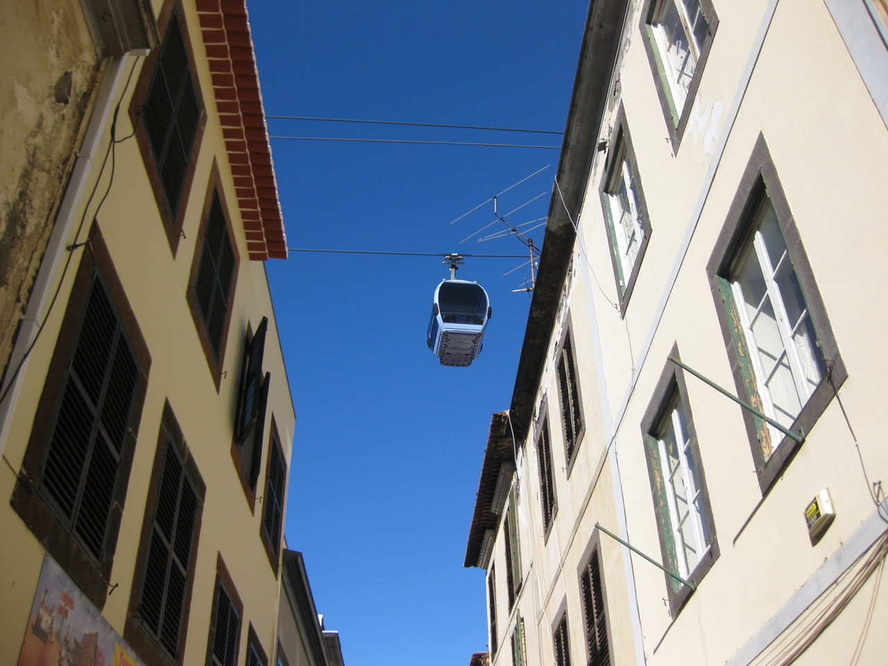 Cable car above the streets of the old town, Funchal, Madeira