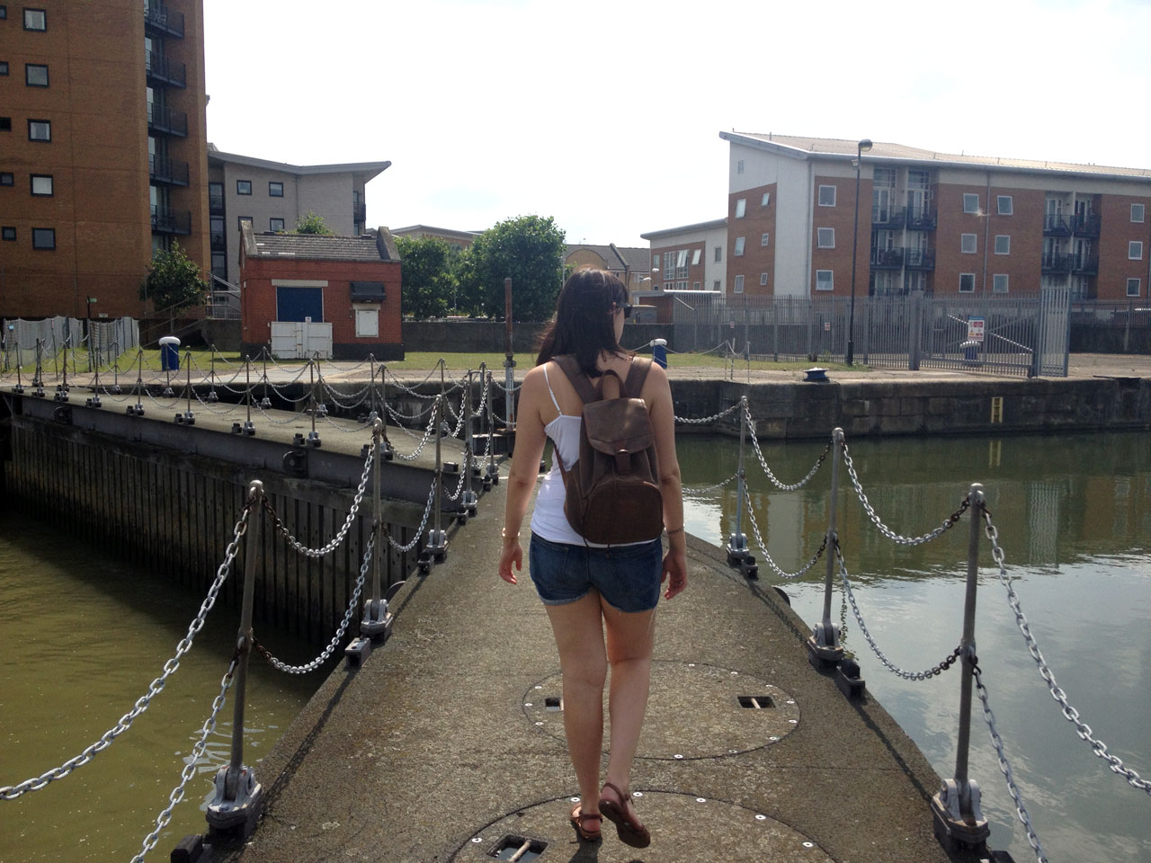 Polly crossing the lock gates at Gallions Reach, London