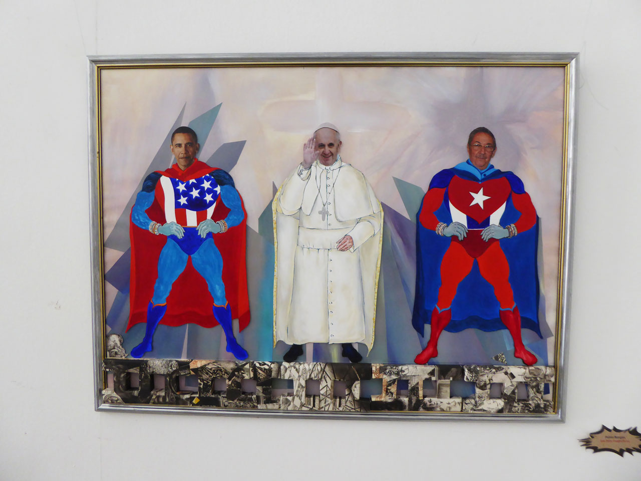 Art depicting Obama, the Pope and Raúl Castro at the Taller Experimental de Gráfica, Havana