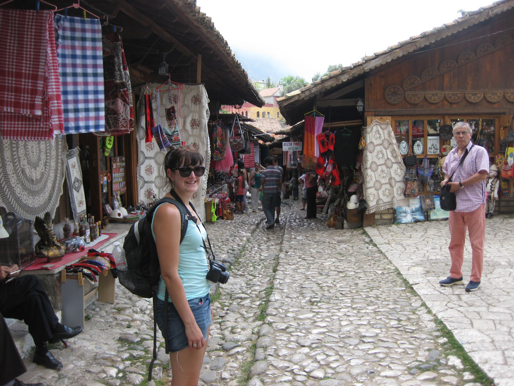 Polly looking like a tourist in the bazaar, Krujë