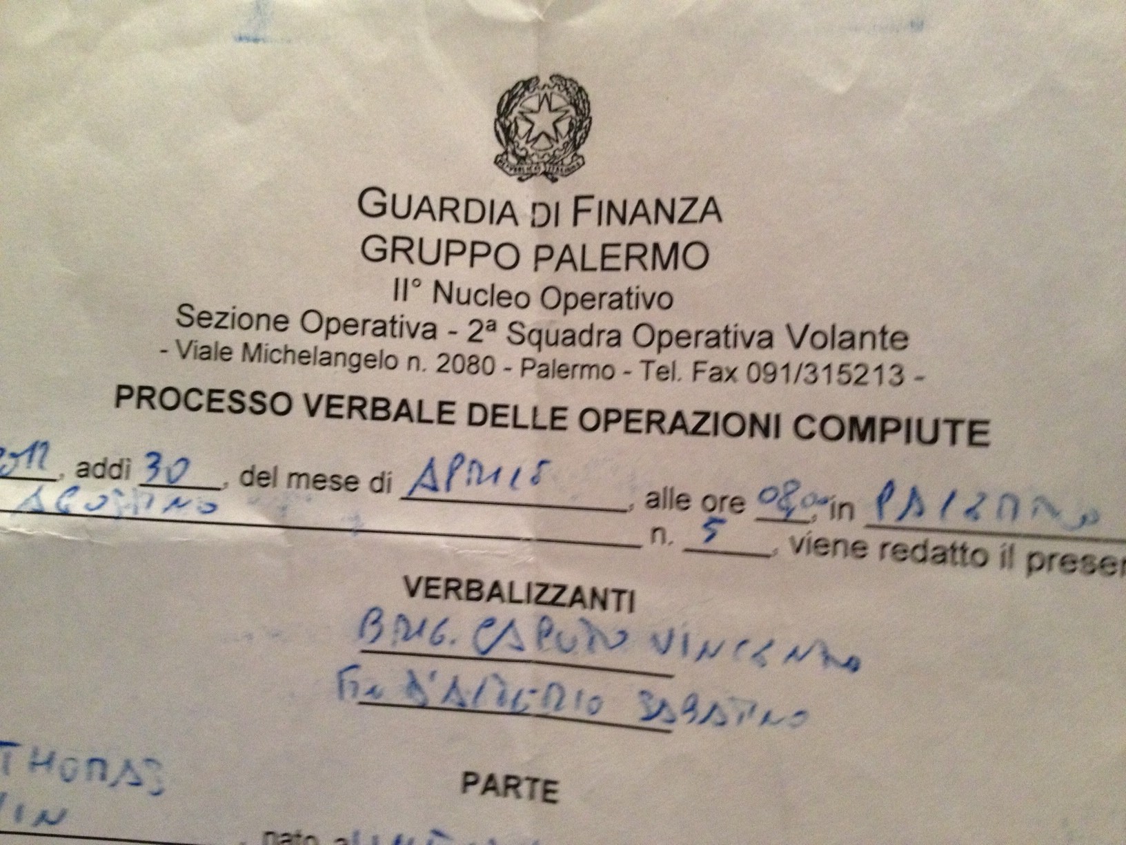 My statement to the Guarda di Finanza, Palermo, Sicily