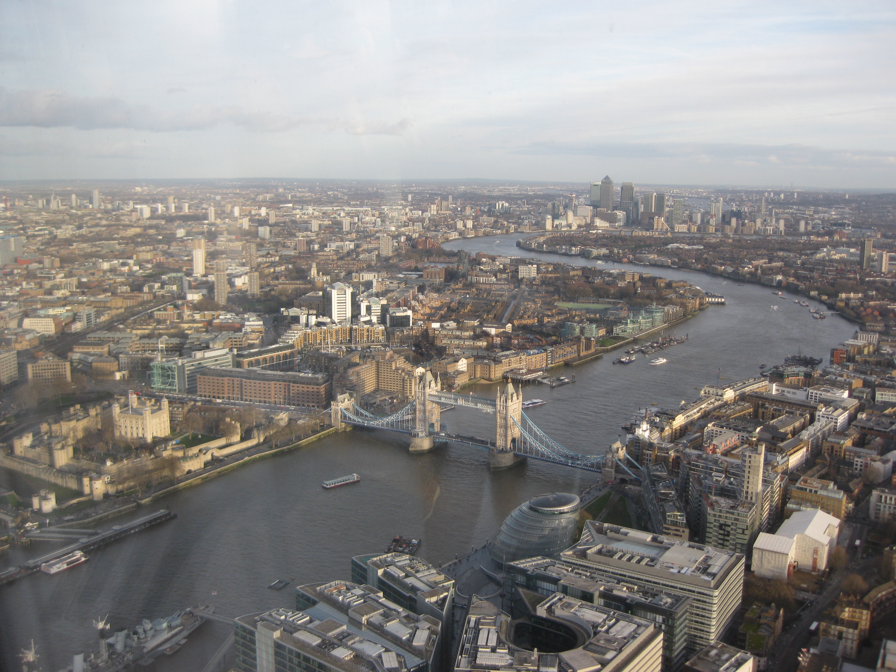 The view to the east: Tower Bridge and Canary Wharf, London